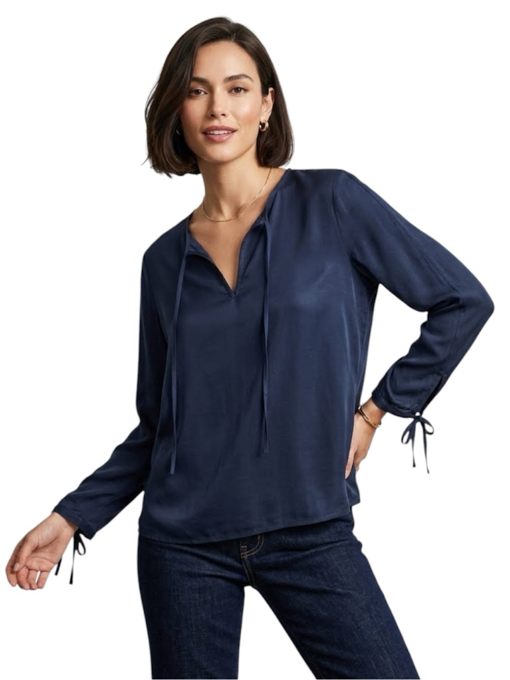 Ecru 100% Silk Navy Blue Tie Neck Long Sleeve Blouse Size Large Slim Fit